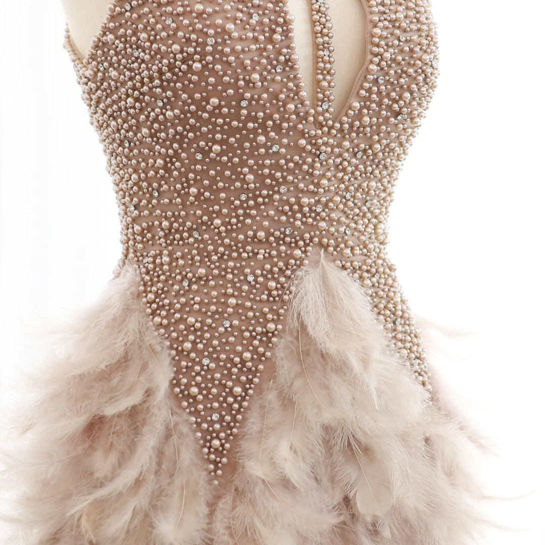 Dreamy Vow Luxury Feathers Pearls Nude Short Cocktail Party Dresses SS149