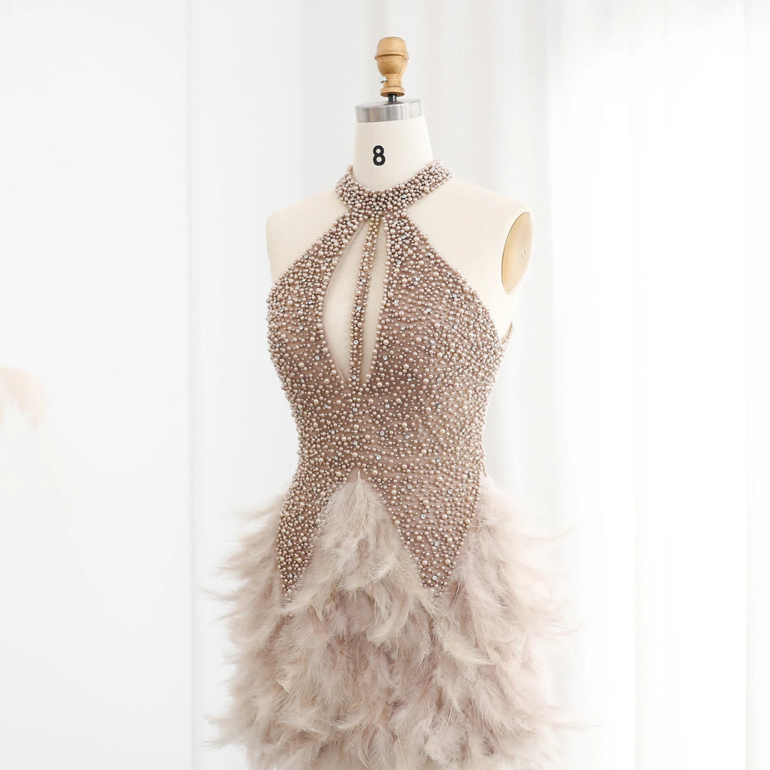 Dreamy Vow Luxury Feathers Pearls Nude Short Cocktail Party Dresses SS149