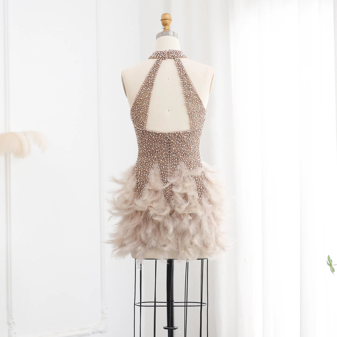 Dreamy Vow Luxury Feathers Pearls Nude Short Cocktail Party Dresses SS149