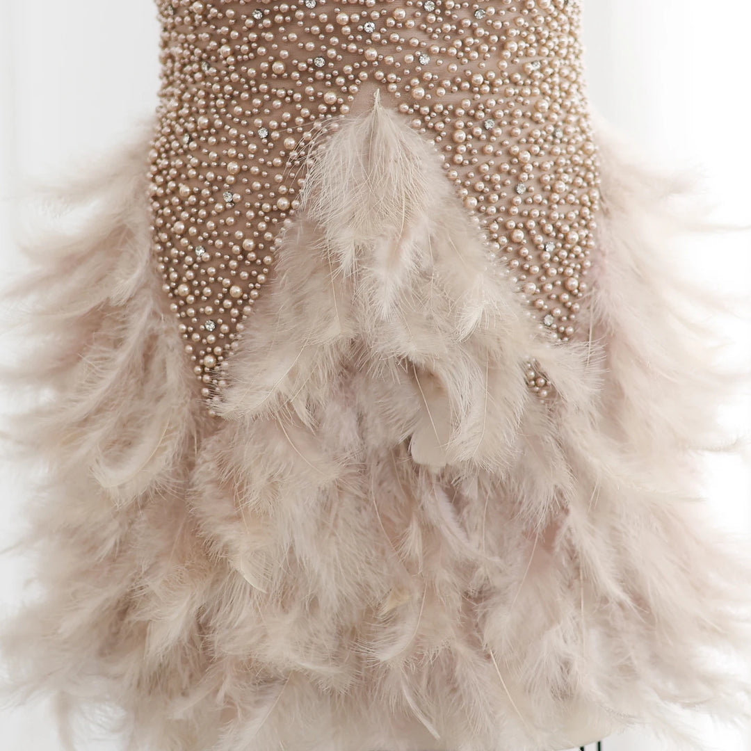 Dreamy Vow Luxury Feathers Pearls Nude Short Cocktail Party Dresses SS149