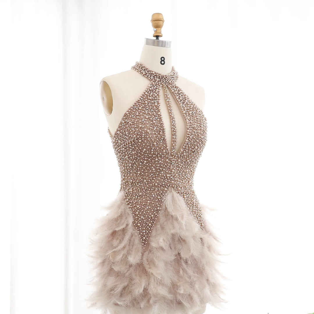 Dreamy Vow Luxury Feathers Pearls Nude Short Cocktail Party Dresses SS149