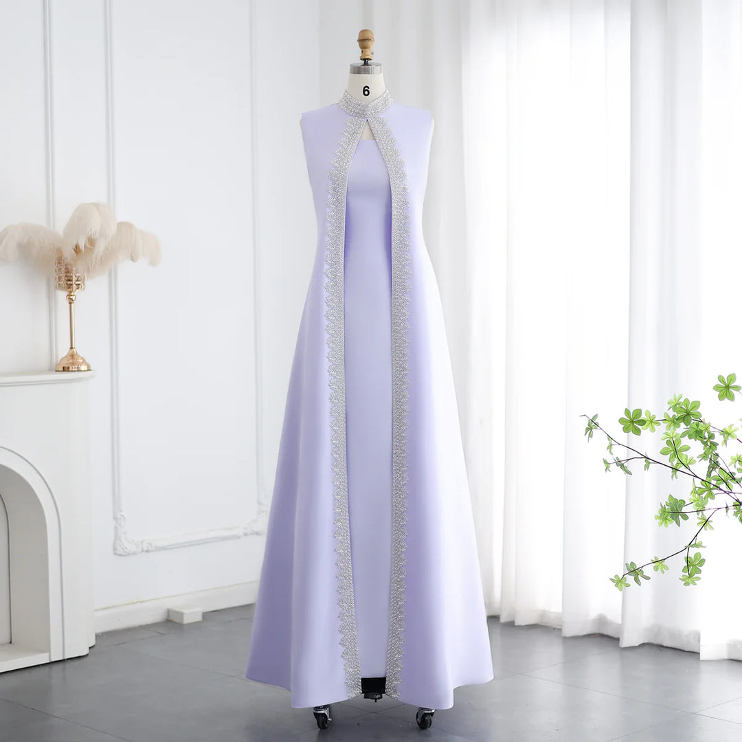 Luxury Rhinestone Lilac Kaftan Evening Dress with Cape SS276