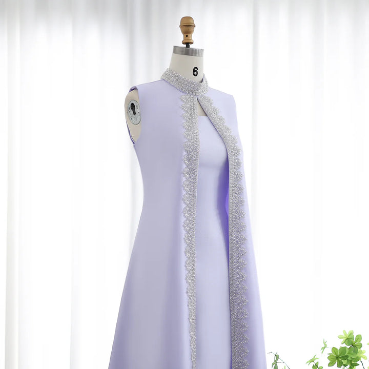 Luxury Rhinestone Lilac Kaftan Evening Dress with Cape SS276