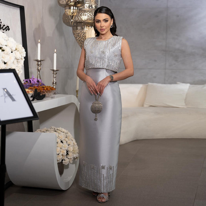 Luxury Rhinestones Silver Midi Evening Dress SS277