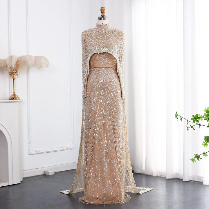 Dreamy Vow Nude Luxury Long Sleeves Muslim Evening Dresses with Cape SS369A