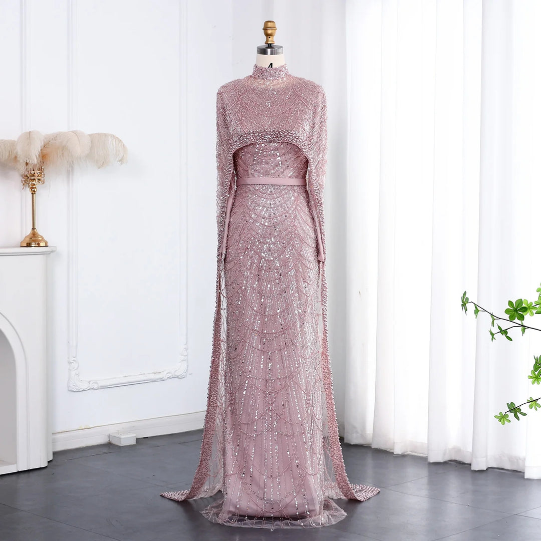 Dreamy Vow Nude Luxury Long Sleeves Muslim Evening Dresses with Cape SS369A