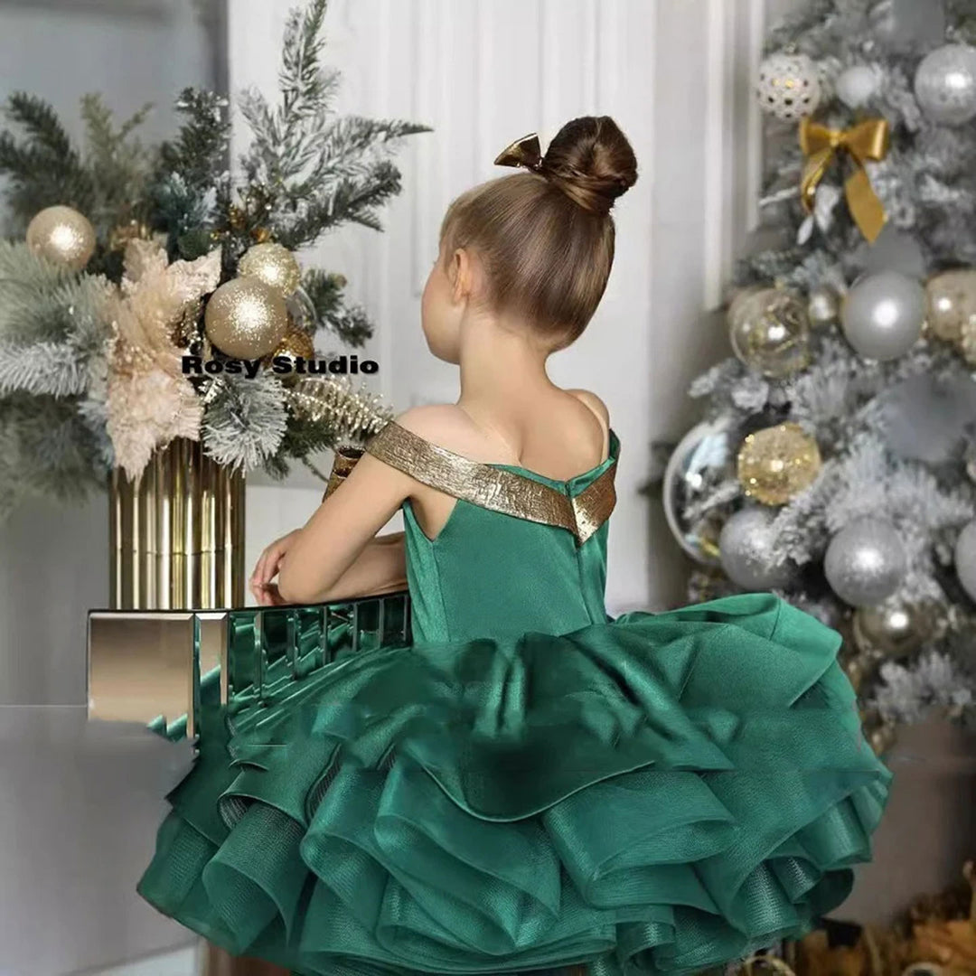 DreamyVow Christmas Off Shoulder Satin Girl Dress Knee Length Ball Gown J284