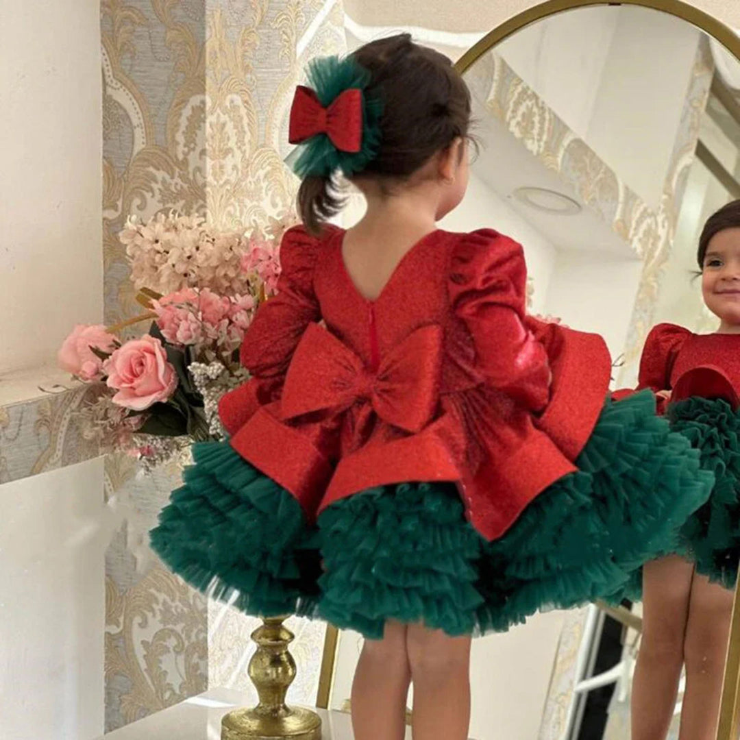 DreamyVow Red-Green Christmas Girl Dress Knee Length Long Sleeve J283