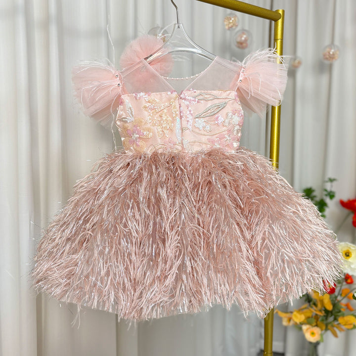 DreamyVow Pink Flower Girl Dresses with Hairband Feathers for Baby Kids J082