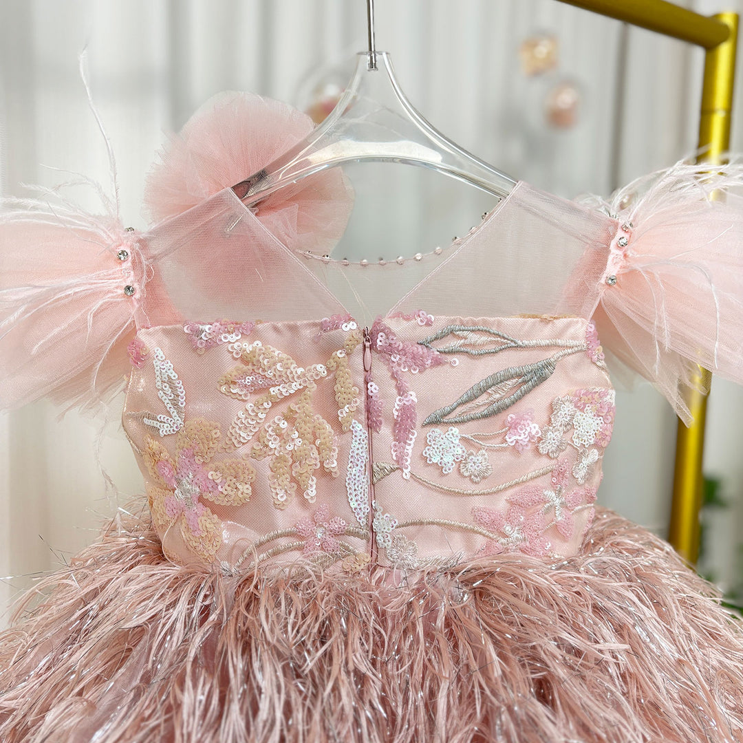 DreamyVow Pink Flower Girl Dresses with Hairband Feathers for Baby Kids J082