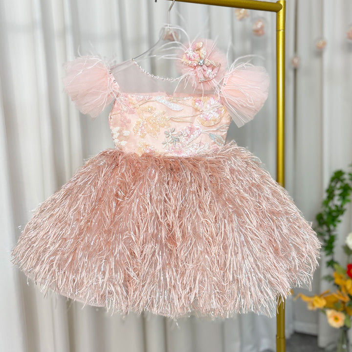 DreamyVow Pink Flower Girl Dresses with Hairband Feathers for Baby Kids J082