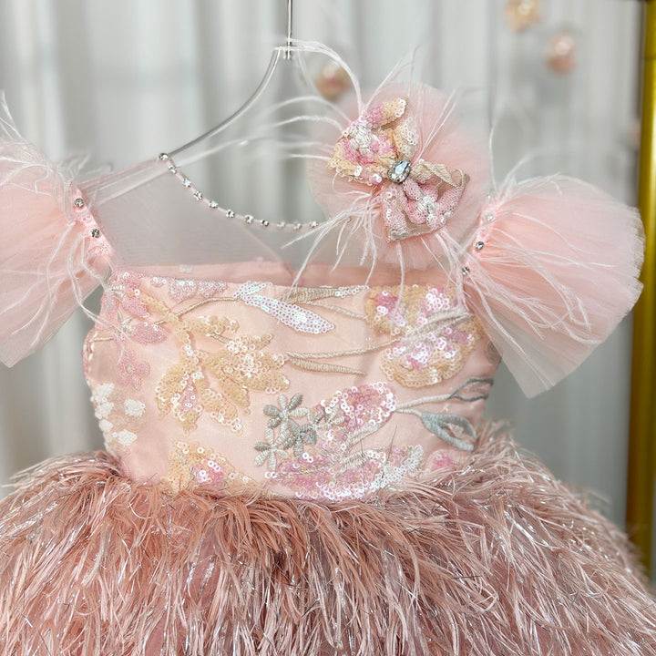 DreamyVow Pink Flower Girl Dresses with Hairband Feathers for Baby Kids J082