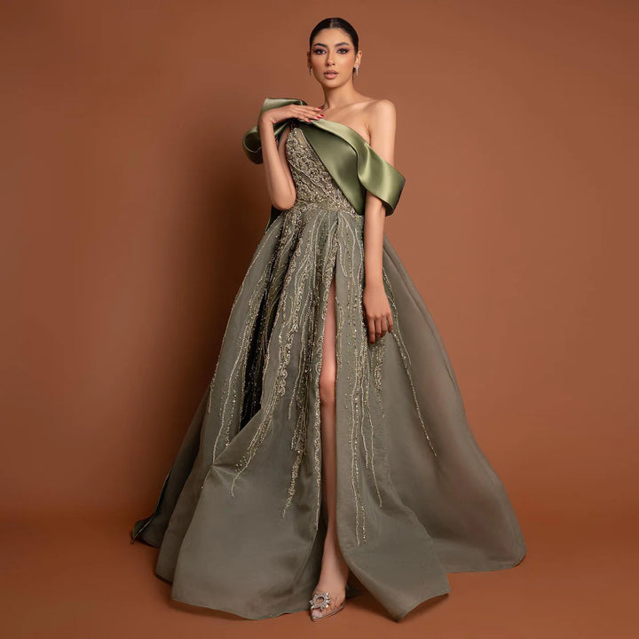 Dreamy Vow Luxury Dubai One Shoulder Olive Green Arabic Evening Dress with Cape Sleeves Side Slit Wedding Party Gowns SS323