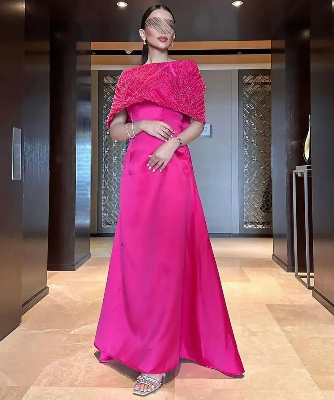 Dreamy Vow Elegant Off Shoulder Fuchsia Arabic Evening Dress with Cape for Women Wedding Party Dubai Formal Prom Gowns SS482