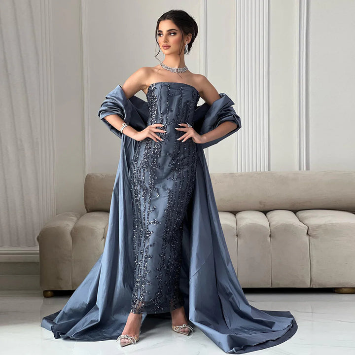 Luxury Blue Strapless Arabic Evening Dress with Cape Dubai Party Gowns SS454