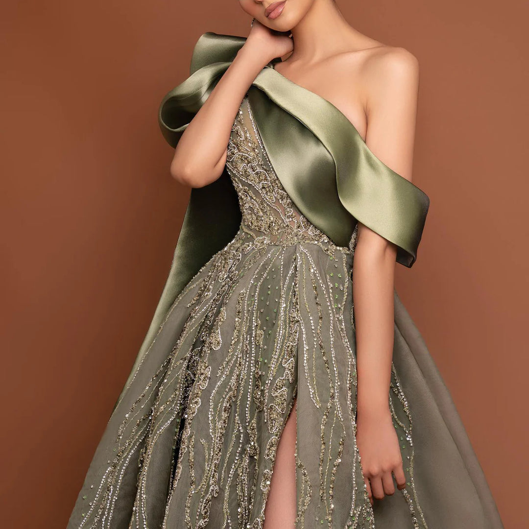 Dreamy Vow Luxury Dubai One Shoulder Olive Green Arabic Evening Dress with Cape Sleeves Side Slit Wedding Party Gowns SS323