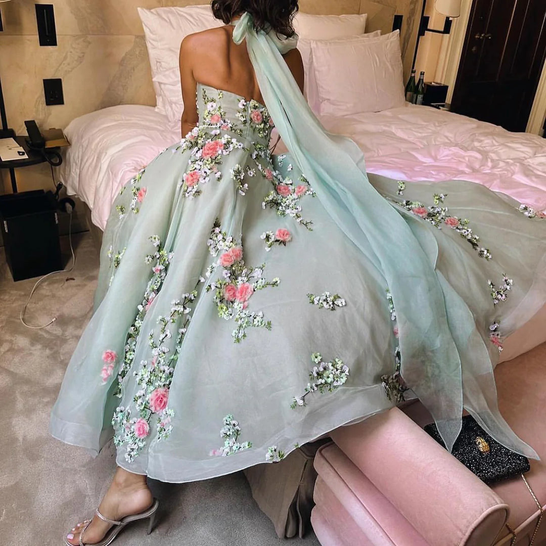 Arab Chic 3D Flowers Halter Aqua Evening Dress SS219