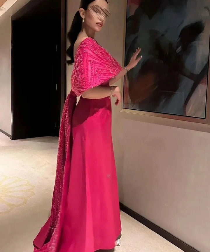 Dreamy Vow Elegant Off Shoulder Fuchsia Arabic Evening Dress with Cape for Women Wedding Party Dubai Formal Prom Gowns SS482