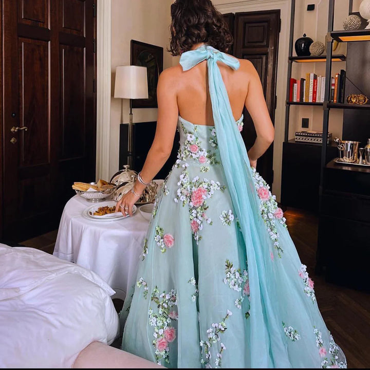 Arab Chic 3D Flowers Halter Aqua Evening Dress SS219