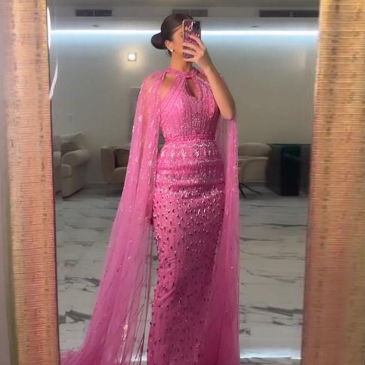 DreamyVow Luxury Dubai Mermaid Pink Evening Dresses with Cape Sleeves 2023 Arabic Women Wedding Guest Formal Party Gowns 361