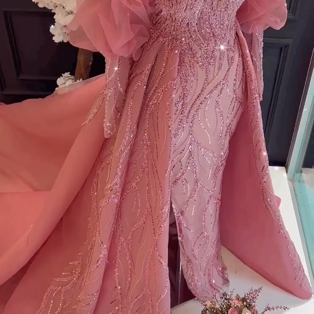 Dreamy Vow For Sale Pink Long Sleeves Evening Dress with Overskirt SS254