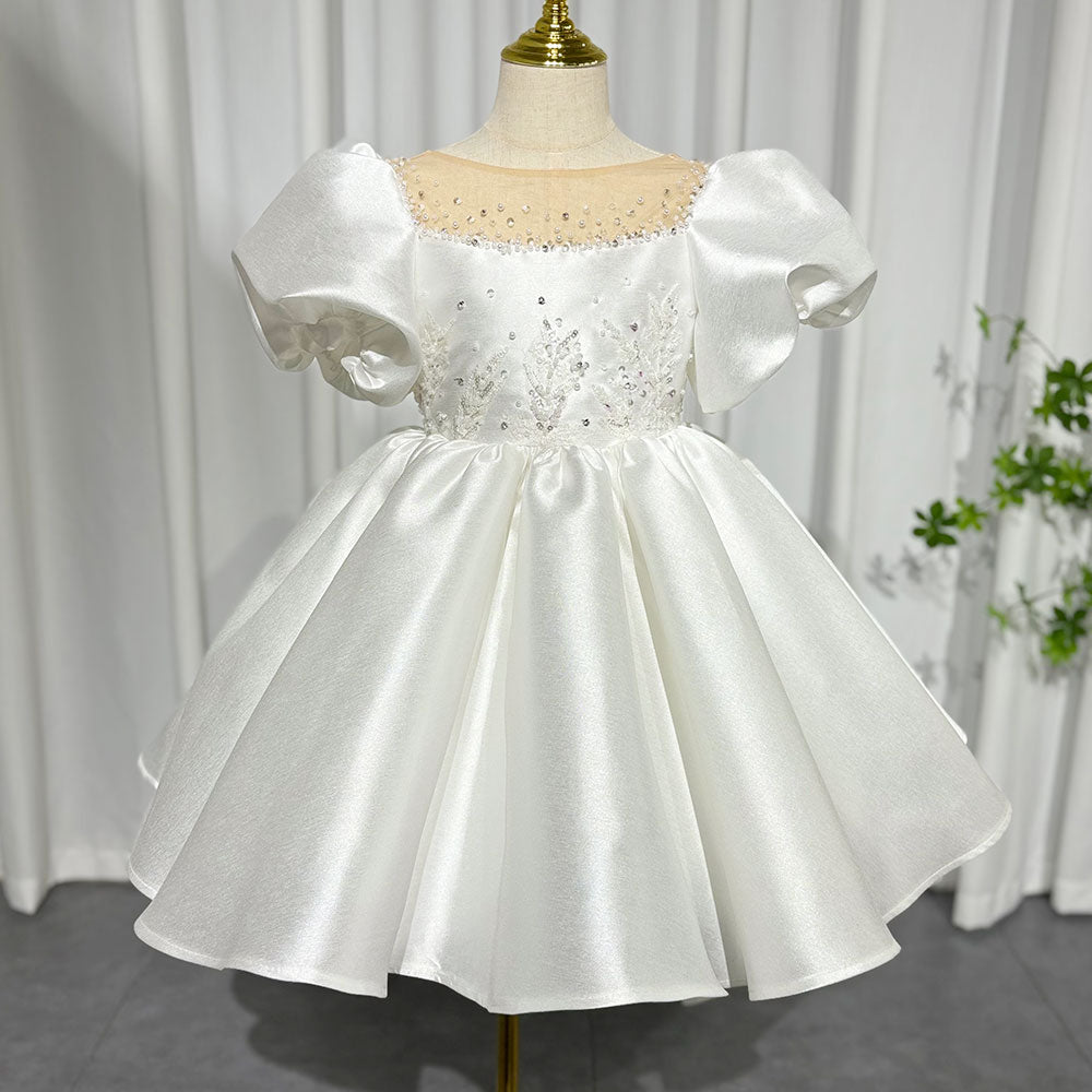 DreamyVow Elegant White Girl Dress Sequined Beading Princess Gown for Kids J256