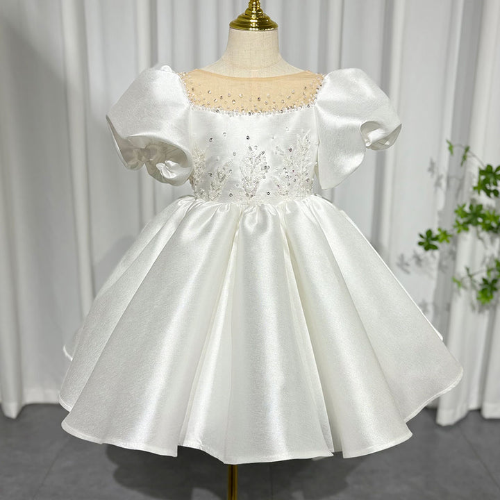 DreamyVow Elegant White Girl Dress Sequined Beading Princess Gown for Kids J256