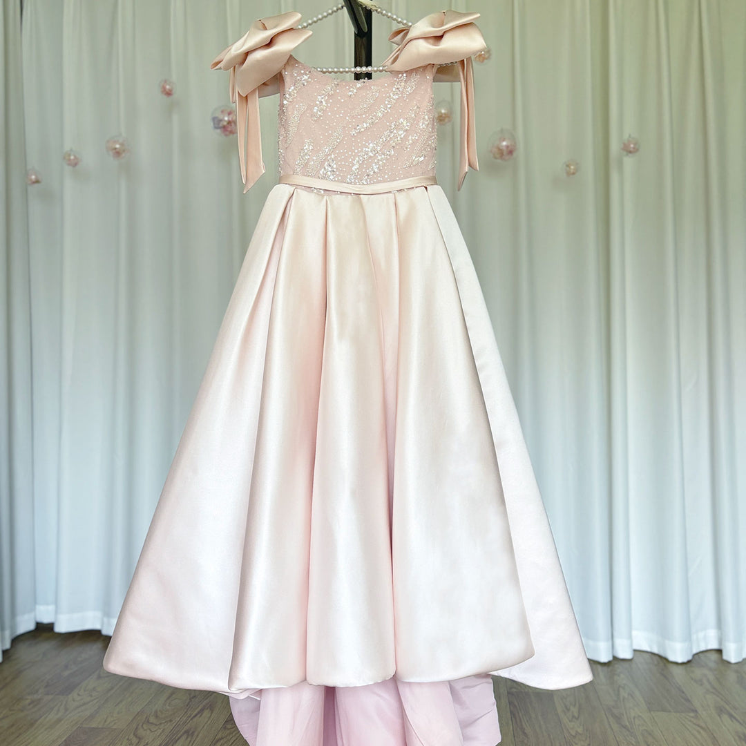 DreamyVow Luxury Elegant Pink Flower Girl Dress with Bow J113