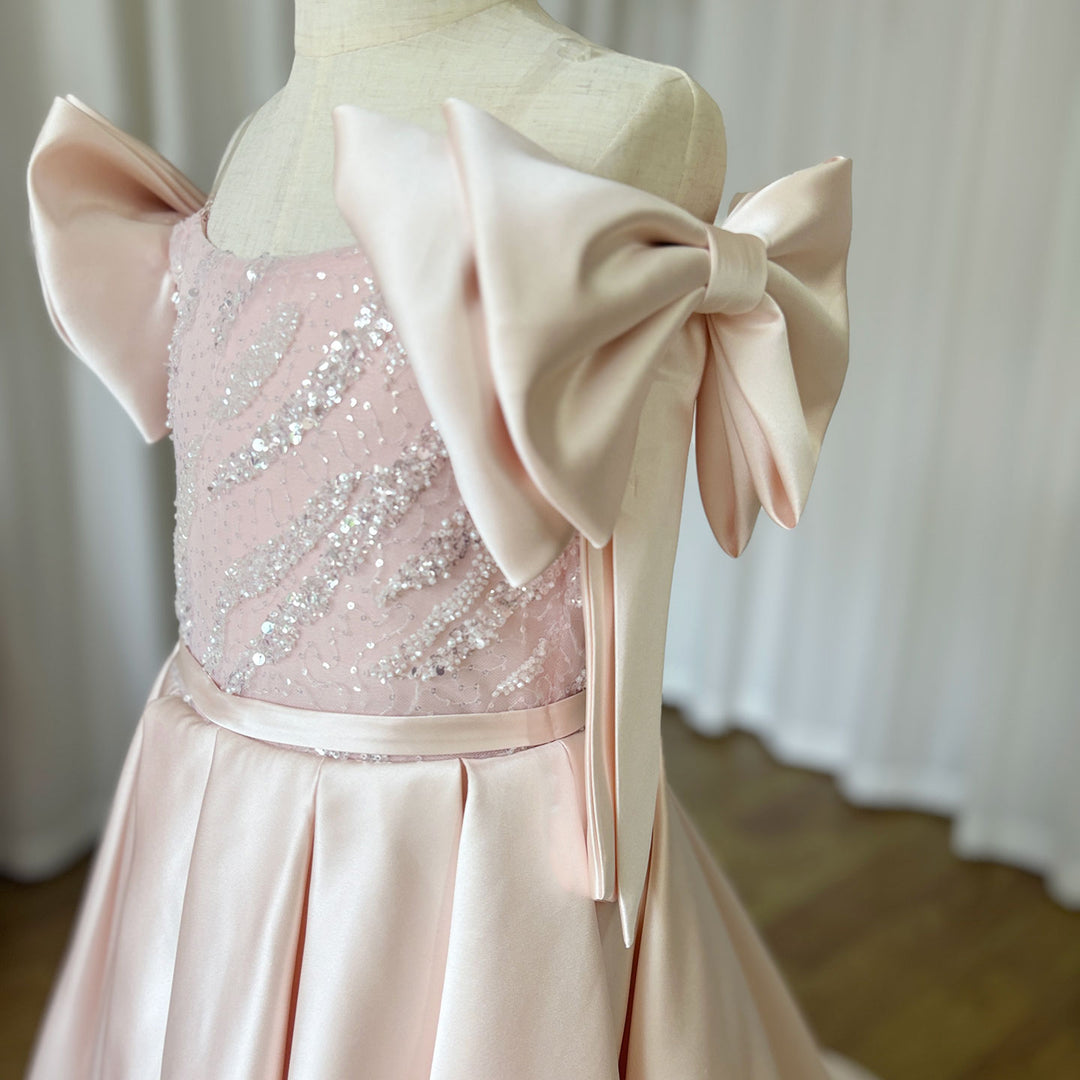 DreamyVow Luxury Elegant Pink Flower Girl Dress with Bow J113