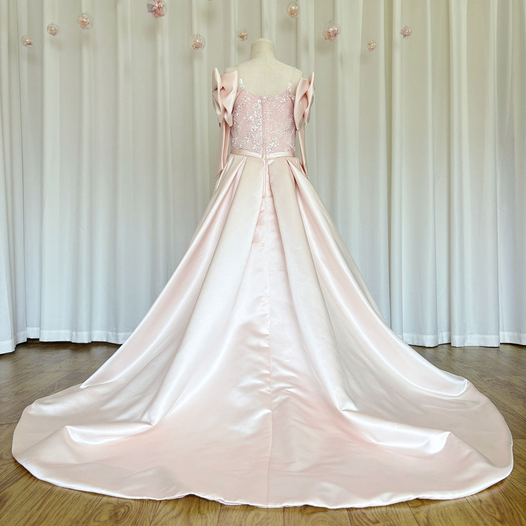 DreamyVow Luxury Elegant Pink Flower Girl Dress with Bow J113