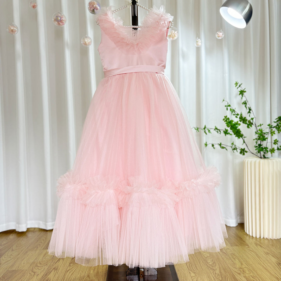 DreamyVow Pink Flower Girl Dress V-Neck Tiered Tulle for Birthday Party J116