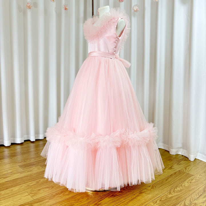 DreamyVow Pink Flower Girl Dress V-Neck Tiered Tulle for Birthday Party J116