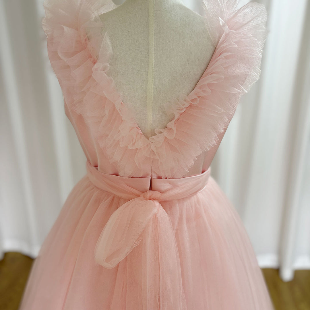 DreamyVow Pink Flower Girl Dress V-Neck Tiered Tulle for Birthday Party J116