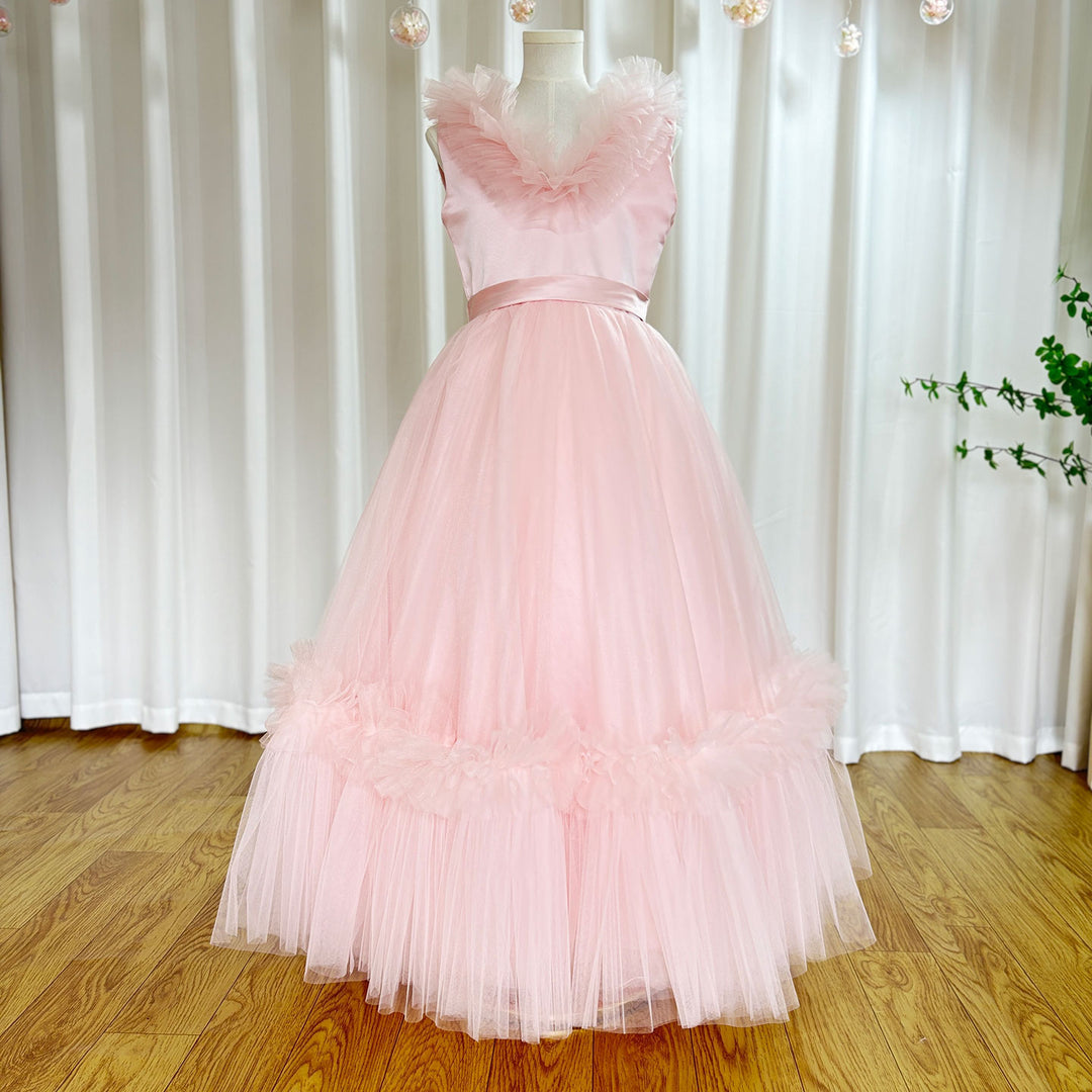 DreamyVow Pink Flower Girl Dress V-Neck Tiered Tulle for Birthday Party J116