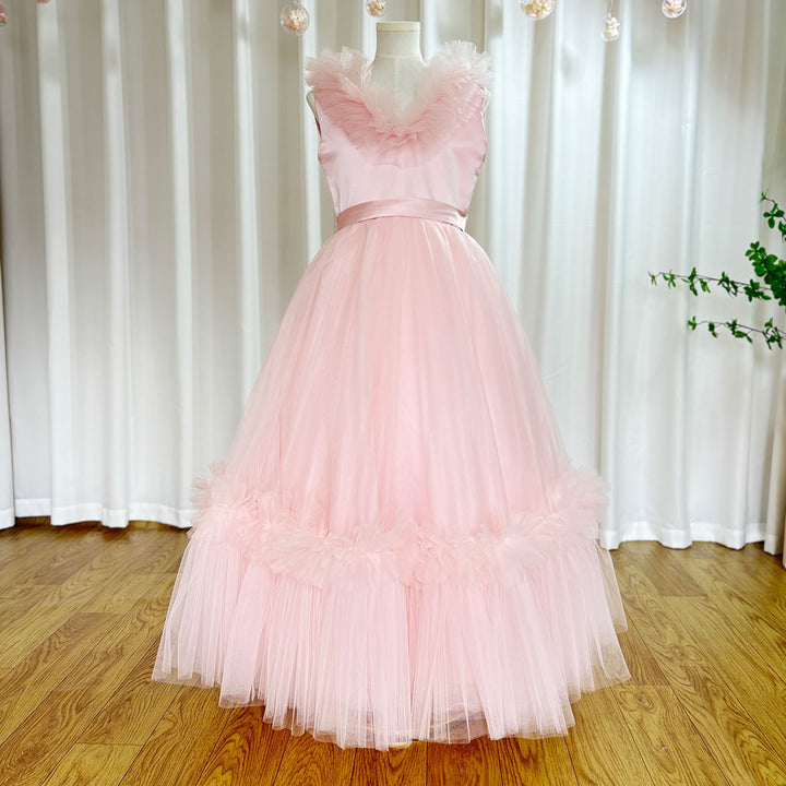 DreamyVow Pink Flower Girl Dress V-Neck Tiered Tulle for Birthday Party J116