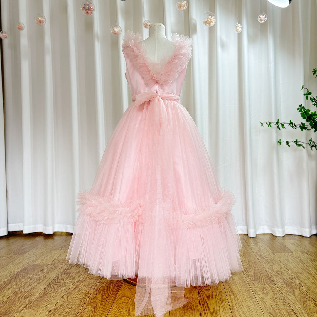 DreamyVow Pink Flower Girl Dress V-Neck Tiered Tulle for Birthday Party J116