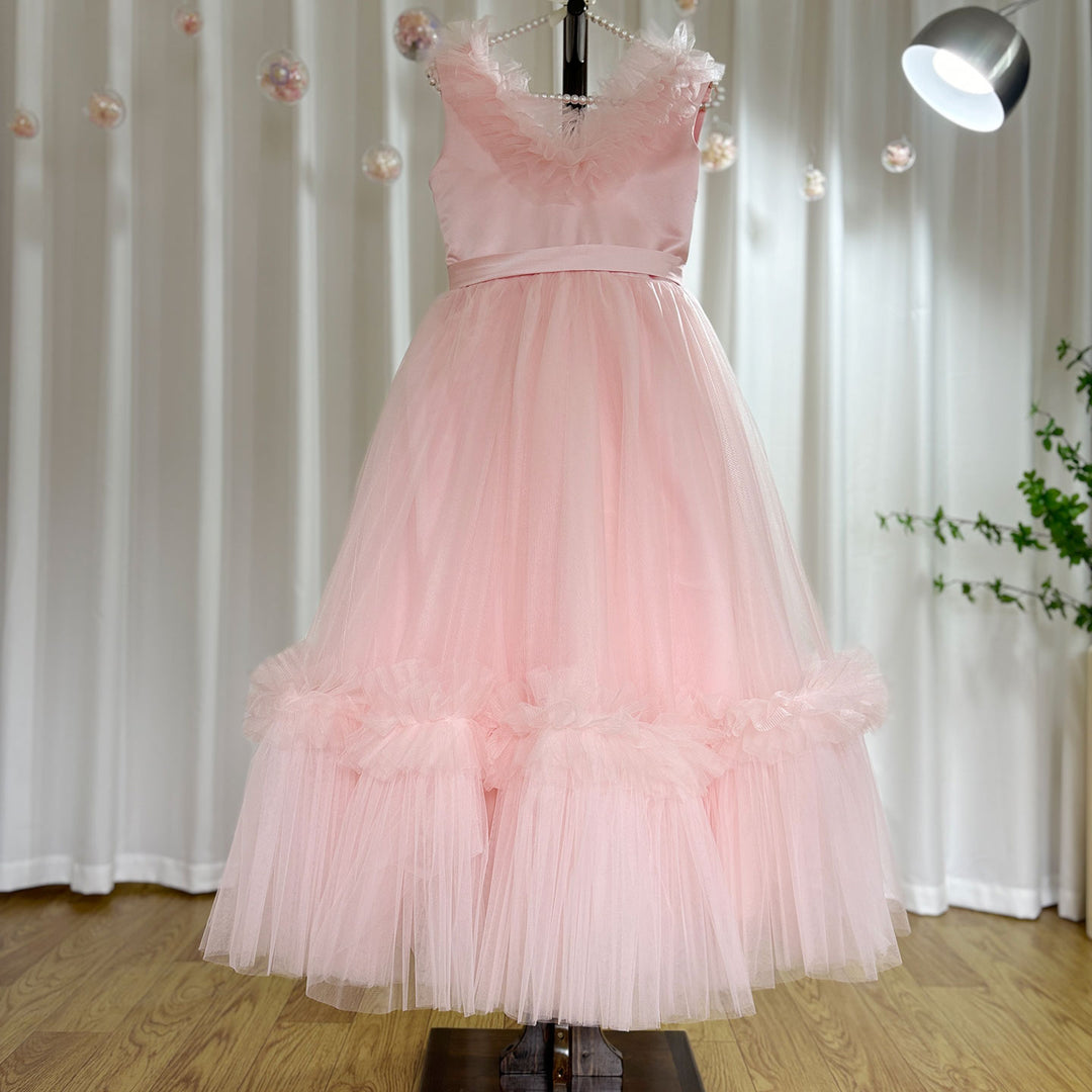 DreamyVow Pink Flower Girl Dress V-Neck Tiered Tulle for Birthday Party J116