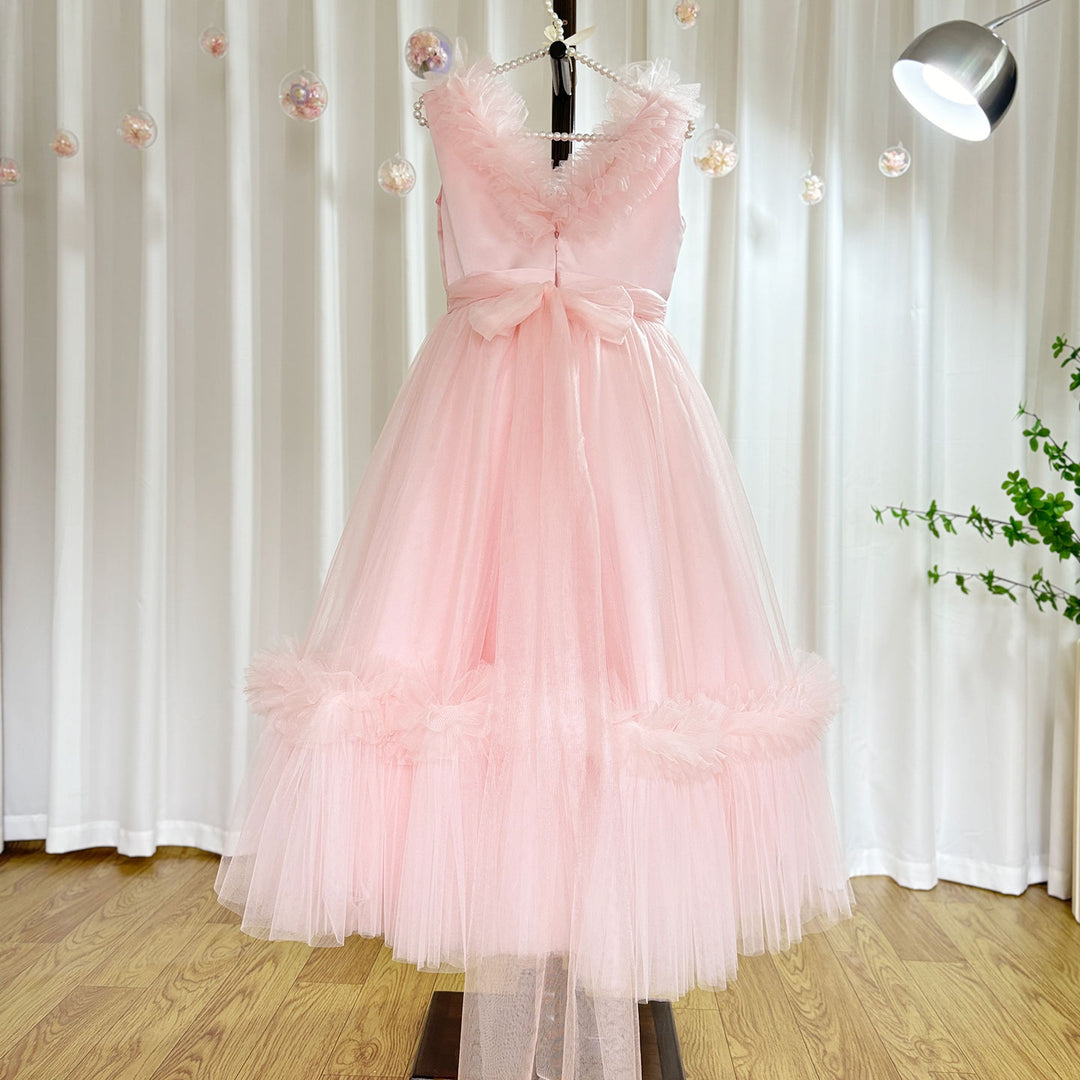 DreamyVow Pink Flower Girl Dress V-Neck Tiered Tulle for Birthday Party J116