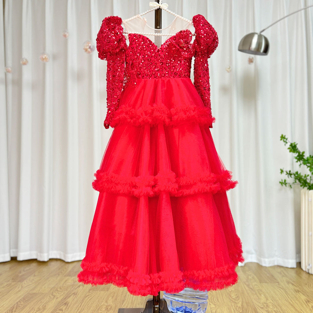 DreamyVow Red Girl Dress Sequined Long Sleeve  Birthday Wedding Party Gown J224