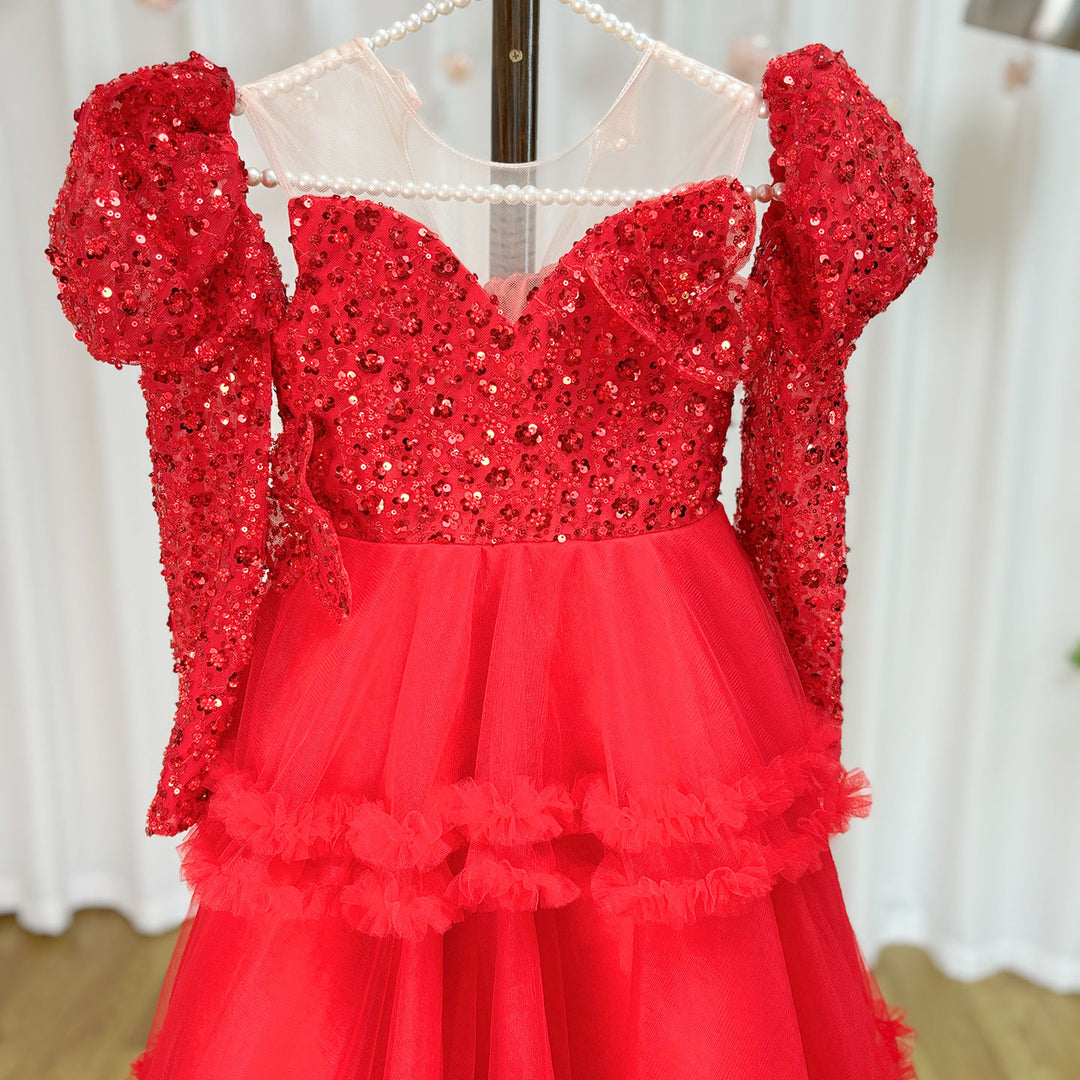 DreamyVow Red Girl Dress Sequined Long Sleeve  Birthday Wedding Party Gown J224