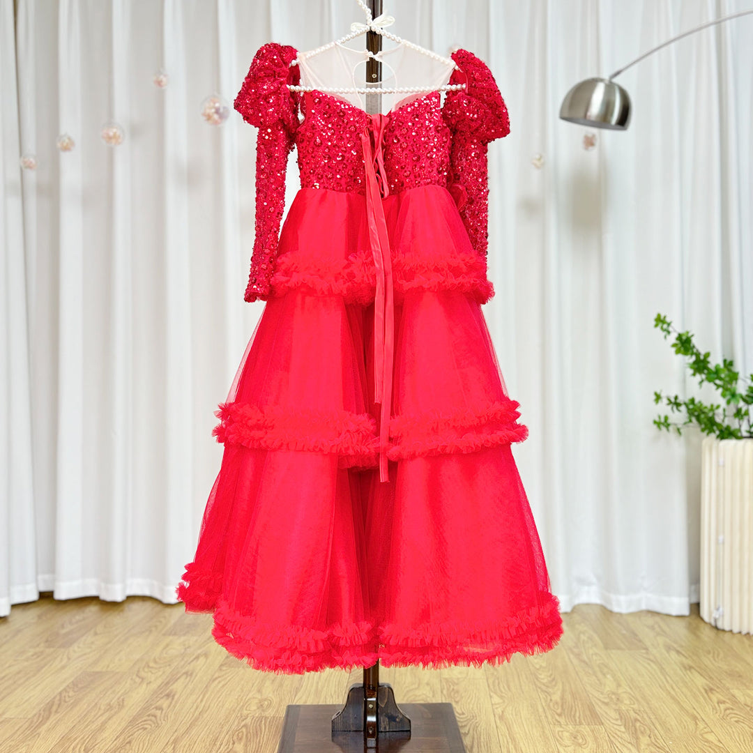 DreamyVow Red Girl Dress Sequined Long Sleeve  Birthday Wedding Party Gown J224