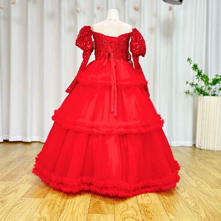 DreamyVow Red Girl Dress Sequined Long Sleeve  Birthday Wedding Party Gown J224