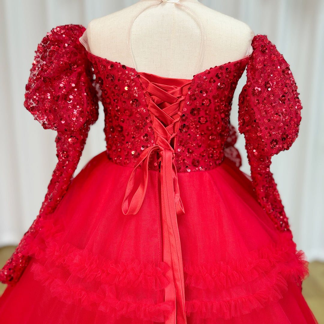 DreamyVow Red Girl Dress Sequined Long Sleeve  Birthday Wedding Party Gown J224