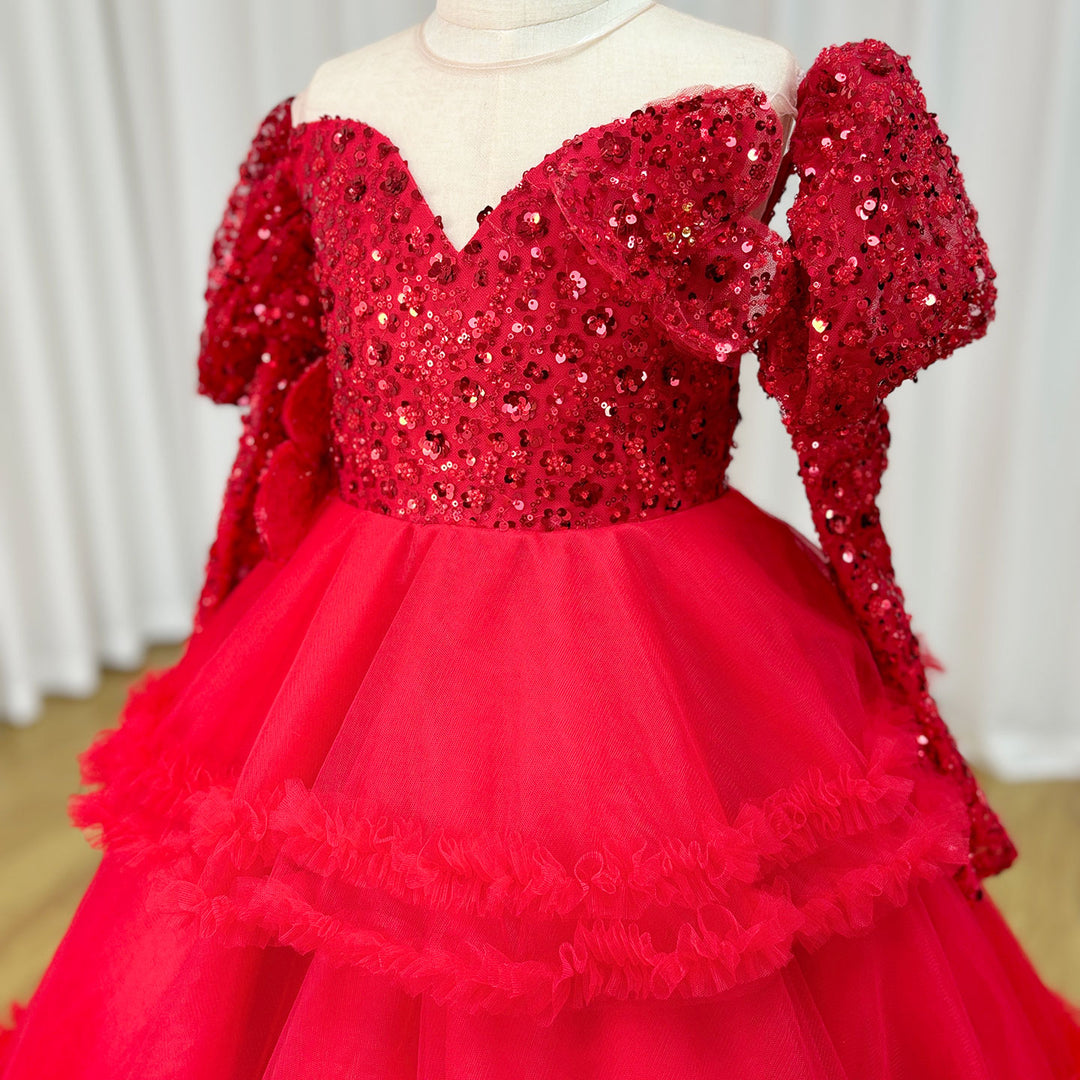 DreamyVow Red Girl Dress Sequined Long Sleeve  Birthday Wedding Party Gown J224