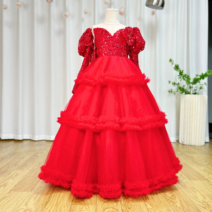 DreamyVow Red Girl Dress Sequined Long Sleeve  Birthday Wedding Party Gown J224