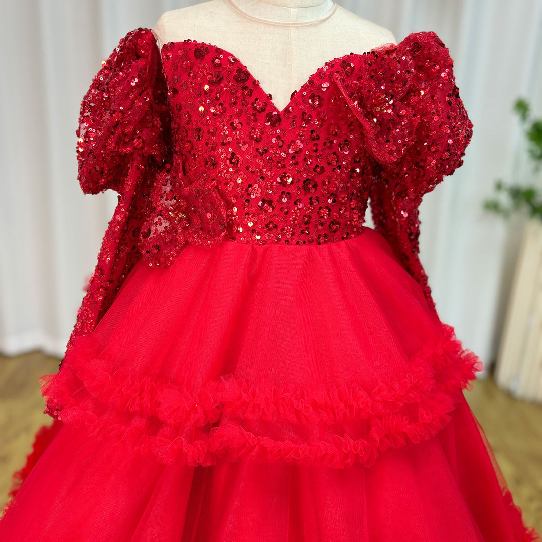 DreamyVow Red Girl Dress Sequined Long Sleeve  Birthday Wedding Party Gown J224