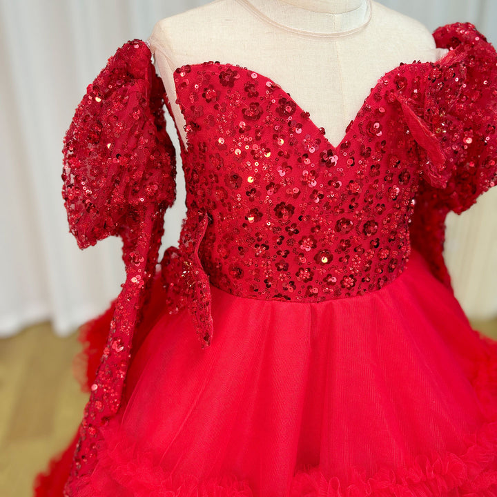 DreamyVow Red Girl Dress Sequined Long Sleeve  Birthday Wedding Party Gown J224