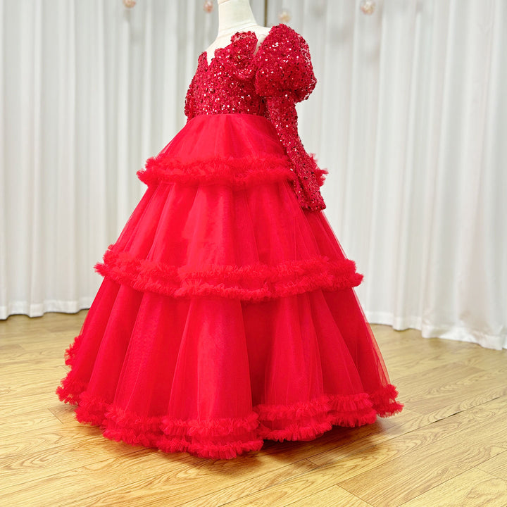 DreamyVow Red Girl Dress Sequined Long Sleeve  Birthday Wedding Party Gown J224