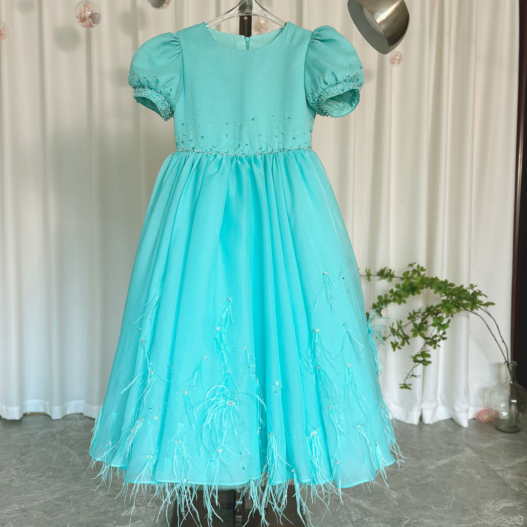 DreamyVow Luxury Turquoise Dubai Girl Dress Beaded Feathers Arabic Princess J380