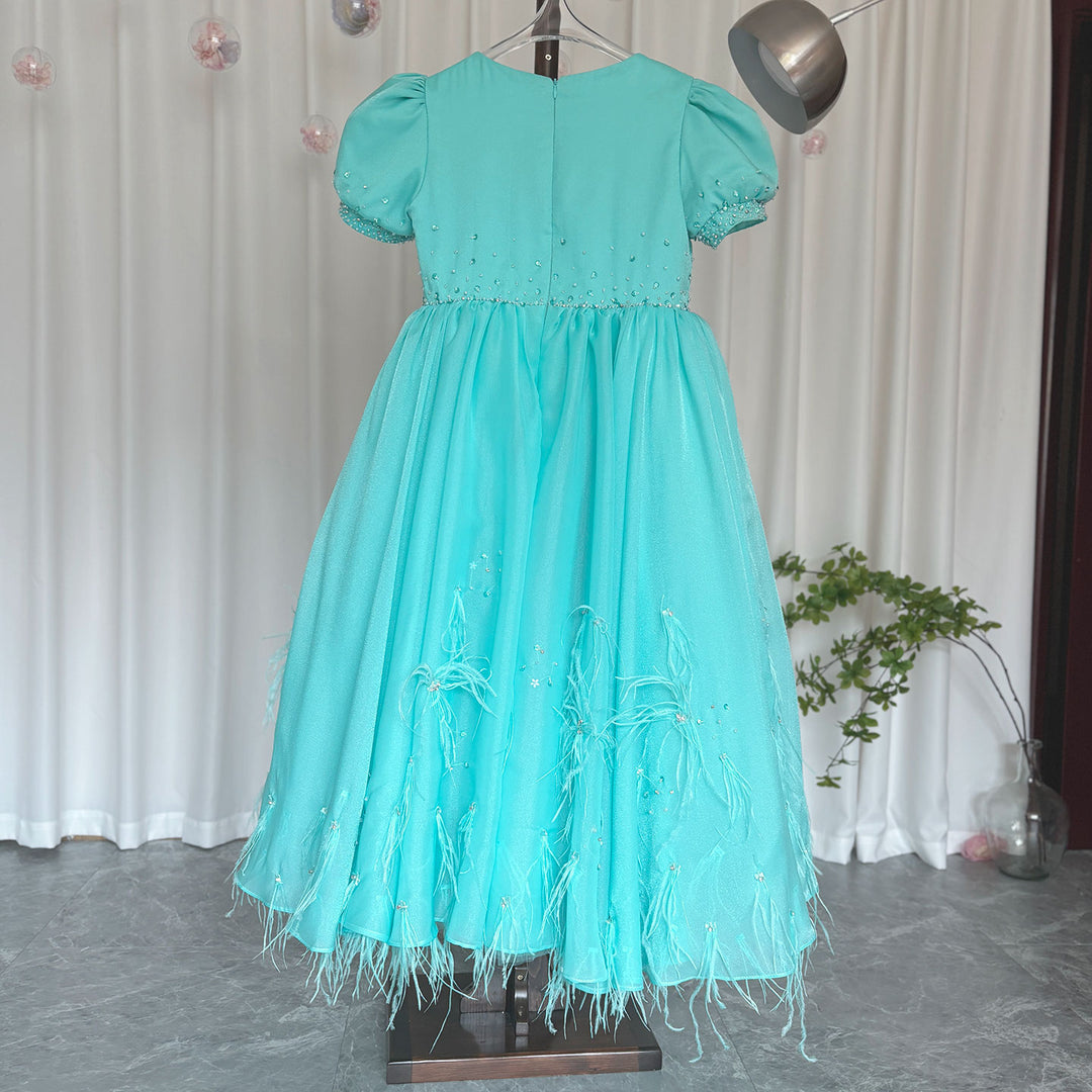 DreamyVow Luxury Turquoise Dubai Girl Dress Beaded Feathers Arabic Princess J380